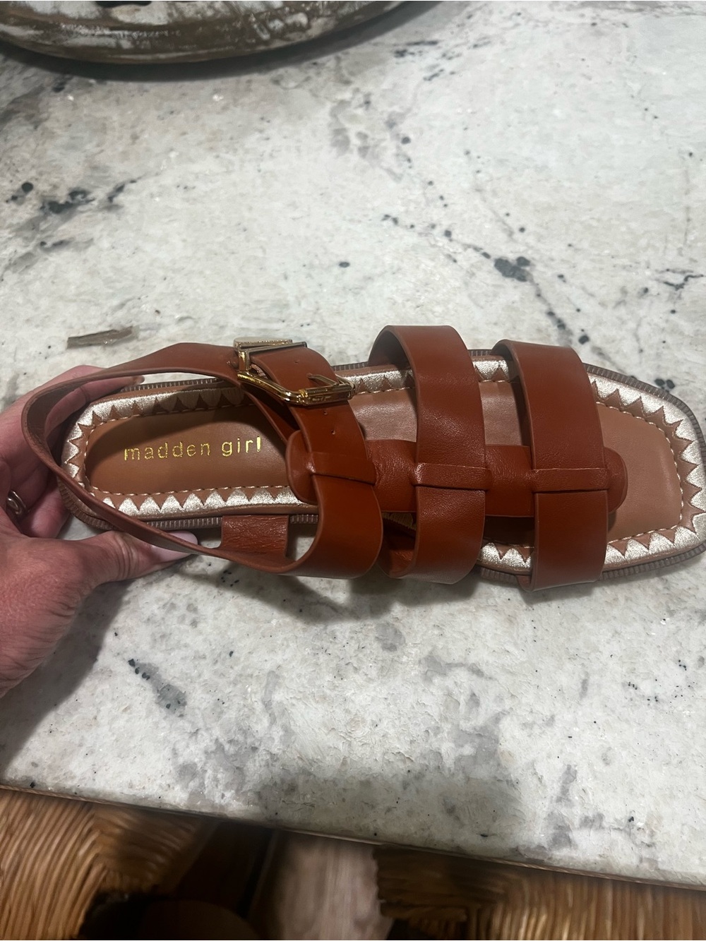 Madden Girl Tan Brown Strappy Gladiator Sandal with Gold Buckle